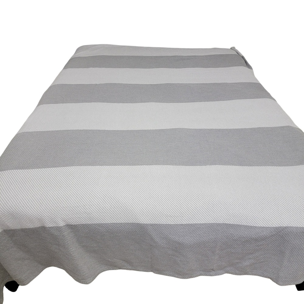 L.L. Bean Maine Twill Blanket Full Queen Cotton Striped Gray Made in USA 90x90